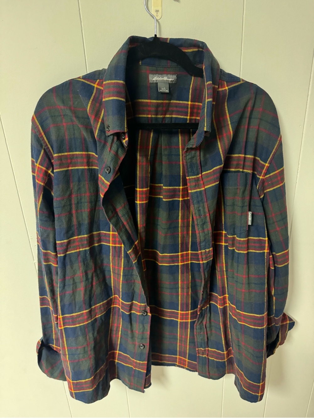 Eddie Bauer - Men's Plaid Flannel Shirt - Navy, Yellow, Green & Red